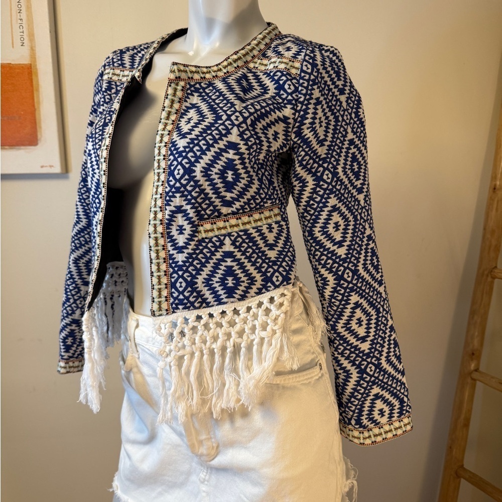 Lovemystyle Blue And White Aztec Print Jacket With Tasselled Hem UK 10 US 6 NWOT - Picture 5 of 7